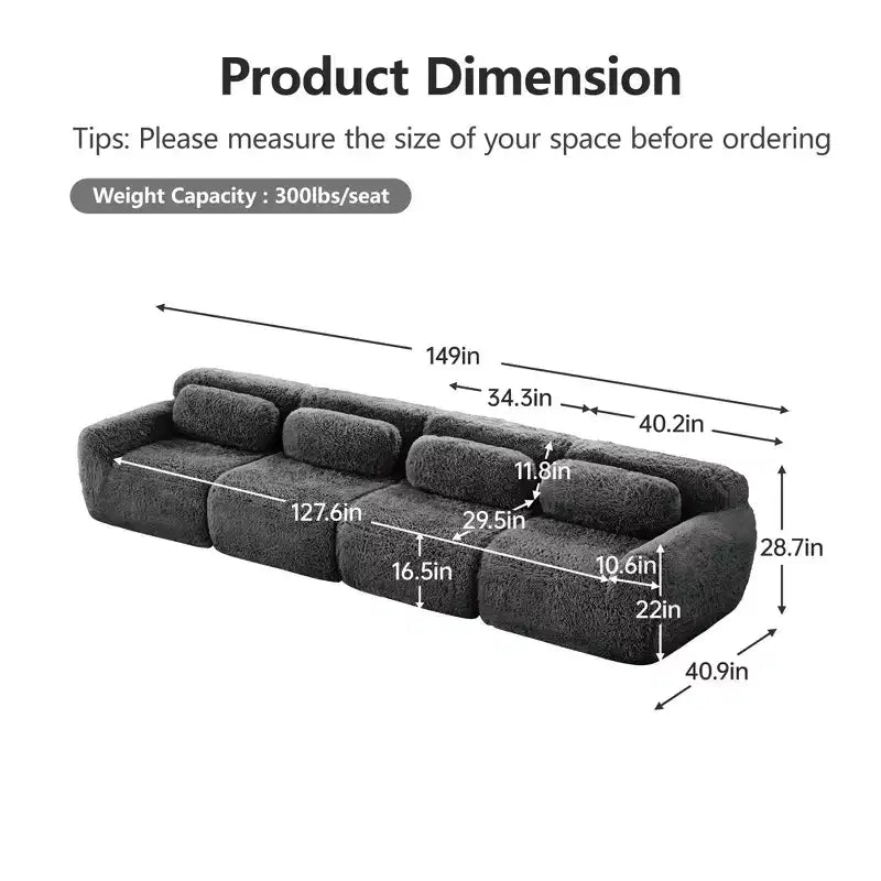 Sofà senza ossa in morbido peluche da 149'', spugna HD 32D, design ergonomico, confezionamento sottovuoto, libera combinazione, connessione a fibbia per camera da letto/studio/home theater