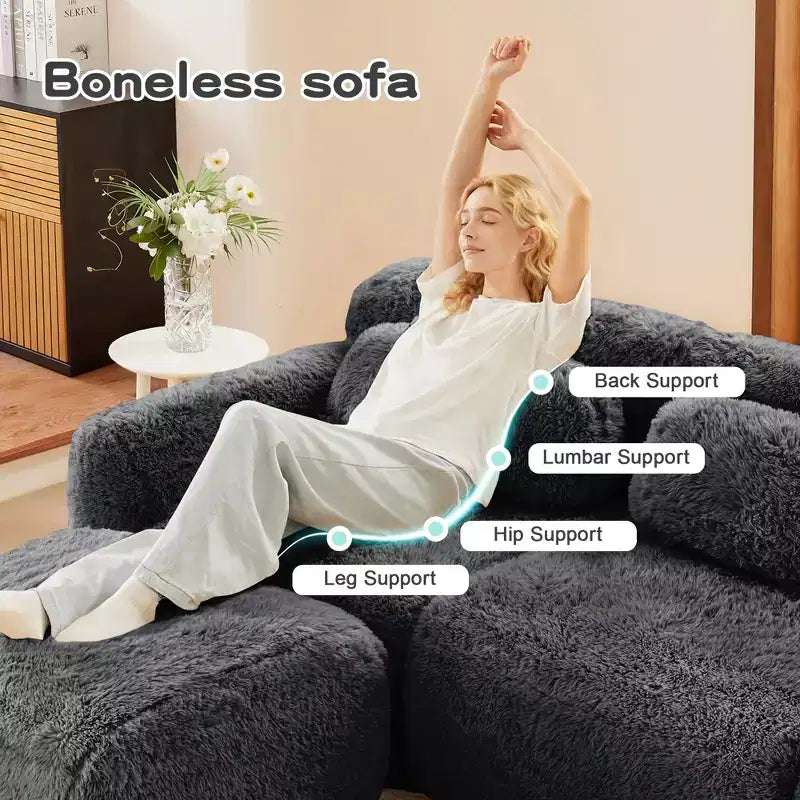 Sofà senza ossa in morbido peluche da 149'', spugna HD 32D, design ergonomico, confezionamento sottovuoto, libera combinazione, connessione a fibbia per camera da letto/studio/home theater