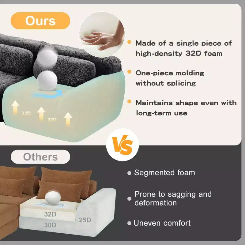 Sofà senza ossa in morbido peluche da 149'', spugna HD 32D, design ergonomico, confezionamento sottovuoto, libera combinazione, connessione a fibbia per camera da letto/studio/home theater
