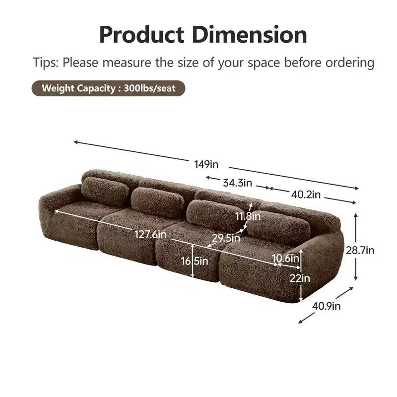 Sofà senza ossa in morbido peluche da 149'', spugna HD 32D, design ergonomico, confezionamento sottovuoto, libera combinazione, connessione a fibbia per camera da letto/studio/home theater