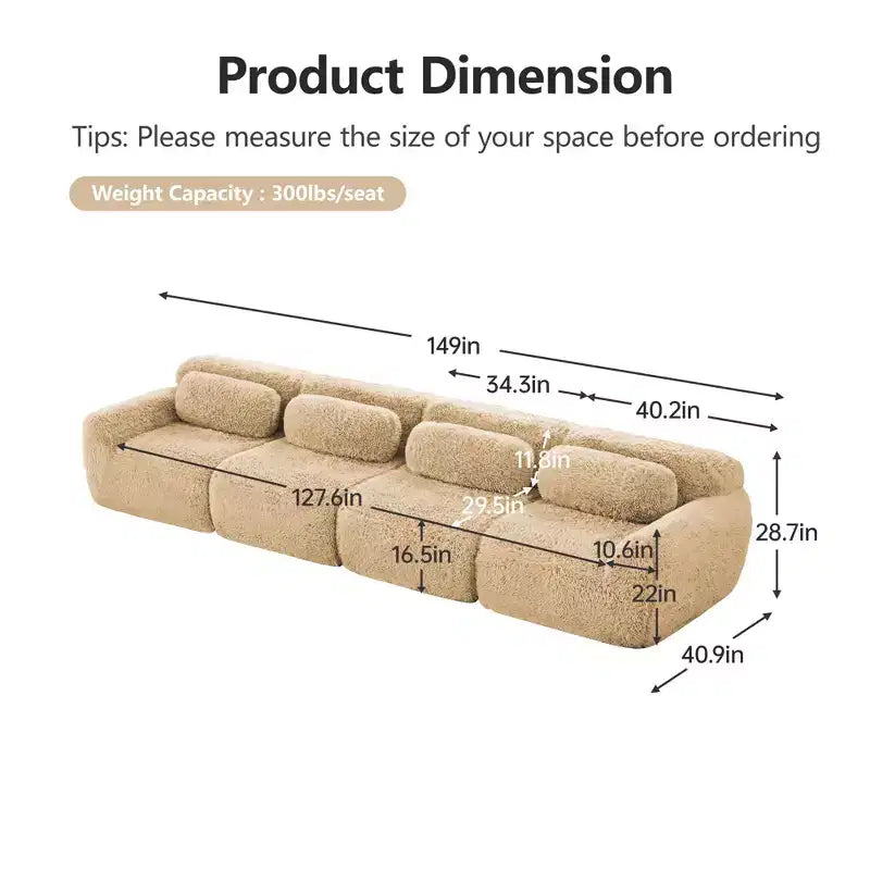 Sofà senza ossa in morbido peluche da 149'', spugna HD 32D, design ergonomico, confezionamento sottovuoto, libera combinazione, connessione a fibbia per camera da letto/studio/home theater