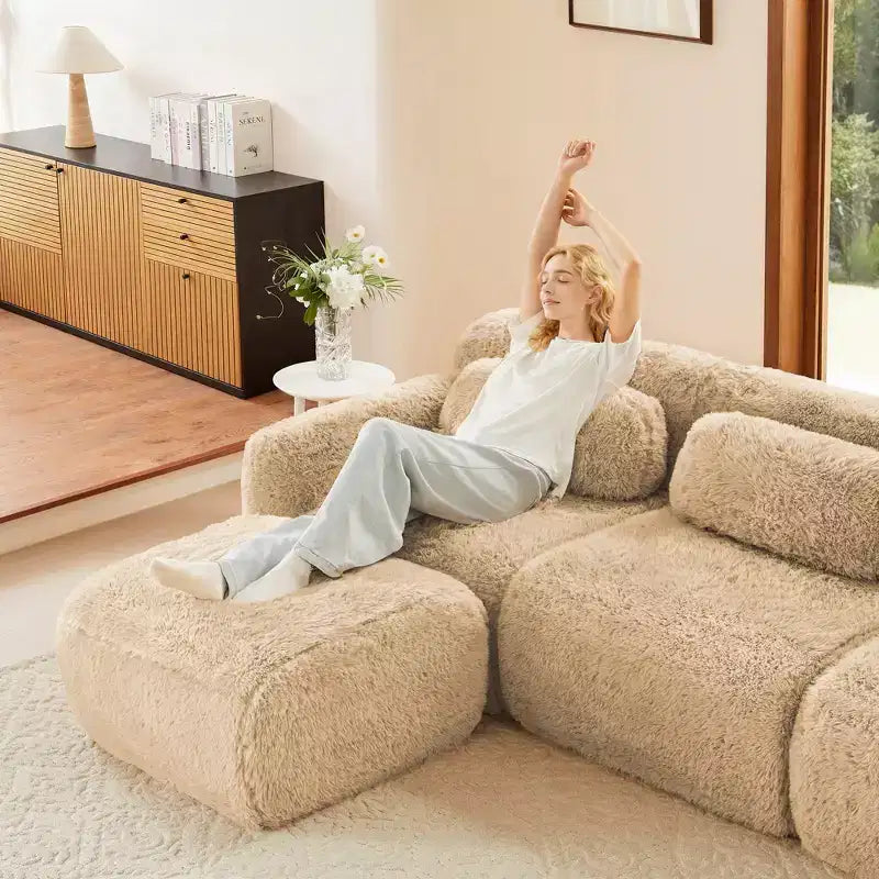 Sofà senza ossa in morbido peluche da 149'', spugna HD 32D, design ergonomico, confezionamento sottovuoto, libera combinazione, connessione a fibbia per camera da letto/studio/home theater