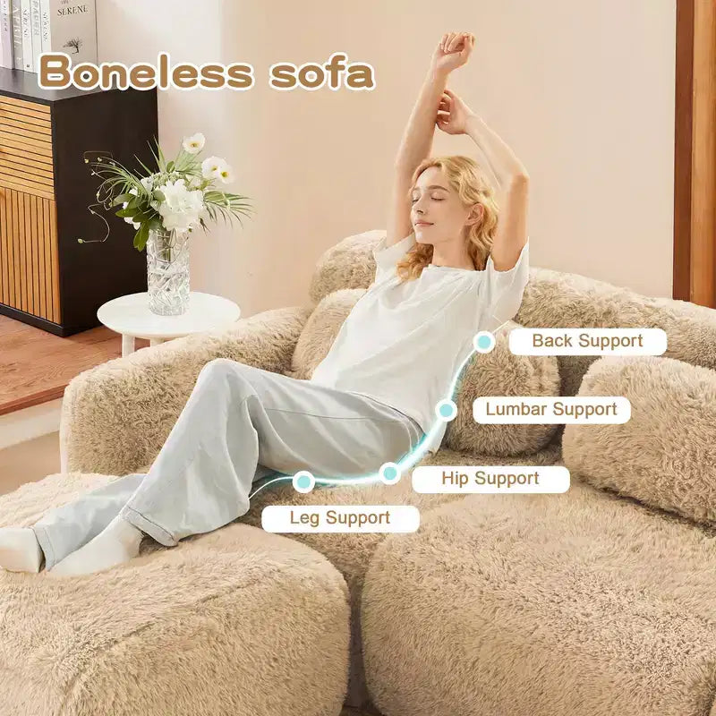 Sofà senza ossa in morbido peluche da 149'', spugna HD 32D, design ergonomico, confezionamento sottovuoto, libera combinazione, connessione a fibbia per camera da letto/studio/home theater