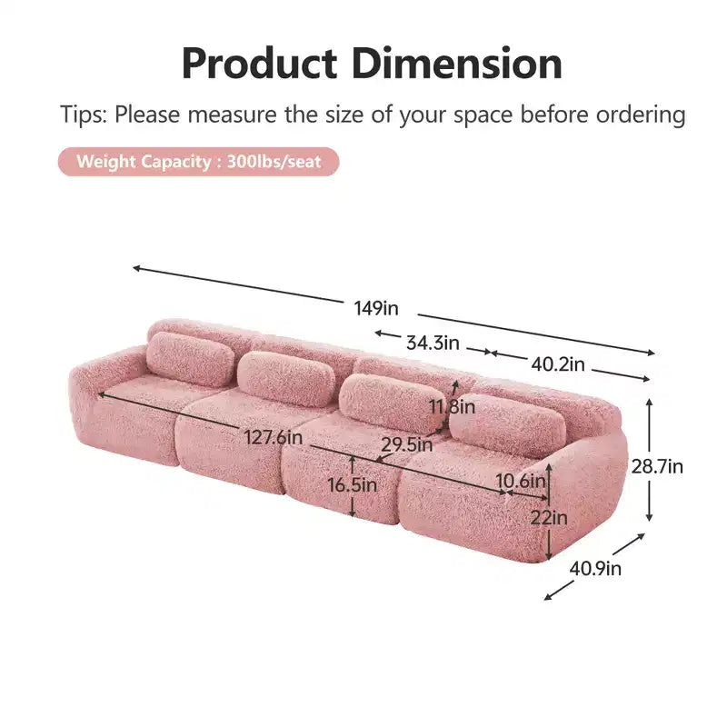 Sofà senza ossa in morbido peluche da 149'', spugna HD 32D, design ergonomico, confezionamento sottovuoto, libera combinazione, connessione a fibbia per camera da letto/studio/home theater