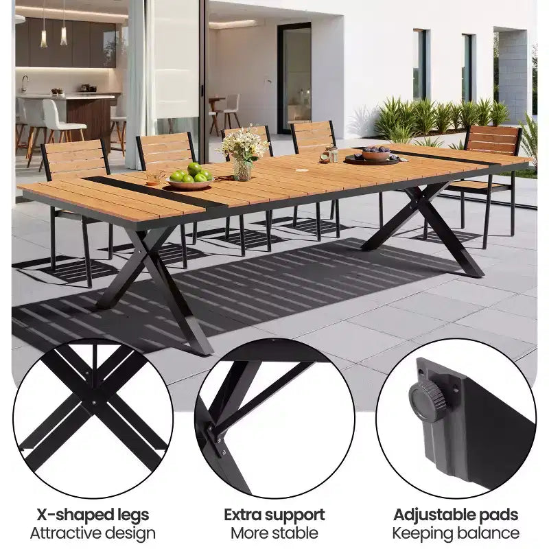 Set da pranzo da esterni extra large da 13 pezzi, gambe a X, sedie impilabili, tavolo effetto legno con foro per ombrellone