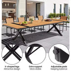Set da pranzo da esterni extra large da 13 pezzi, gambe a X, sedie impilabili, tavolo effetto legno con foro per ombrellone