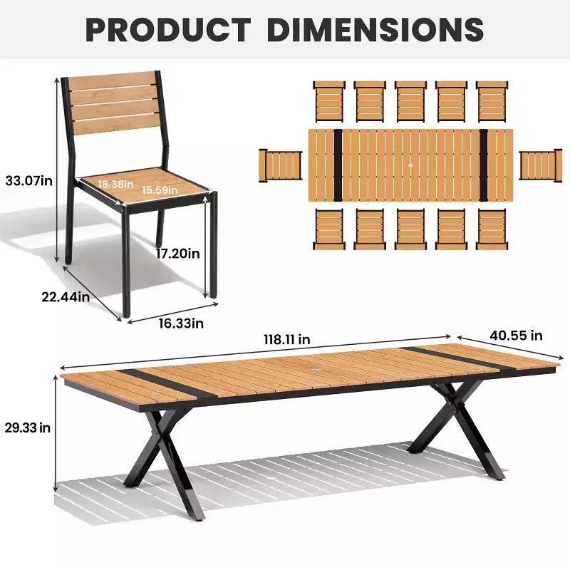 Set da pranzo da esterni extra large da 13 pezzi, gambe a X, sedie impilabili, tavolo effetto legno con foro per ombrellone