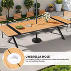 Set da pranzo da esterni extra large da 13 pezzi, gambe a X, sedie impilabili, tavolo effetto legno con foro per ombrellone