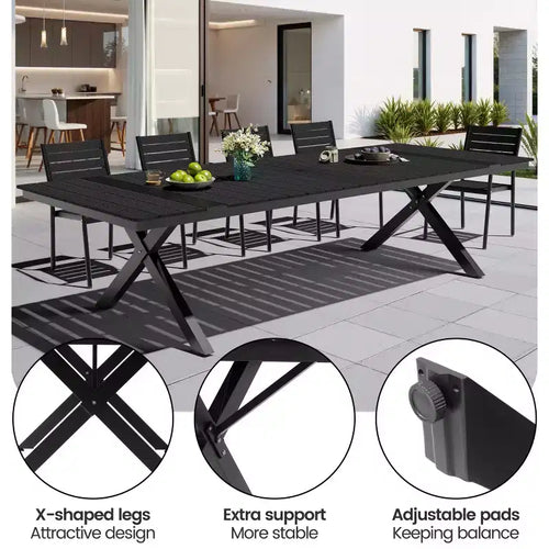 Set da pranzo da esterni extra large da 13 pezzi, gambe a X, sedie impilabili, tavolo effetto legno con foro per ombrellone