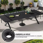 Set da pranzo da esterni extra large da 13 pezzi, gambe a X, sedie impilabili, tavolo effetto legno con foro per ombrellone
