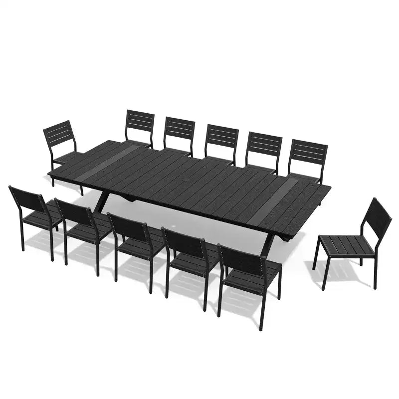 Set da pranzo da esterni extra large da 13 pezzi, gambe a X, sedie impilabili, tavolo effetto legno con foro per ombrellone