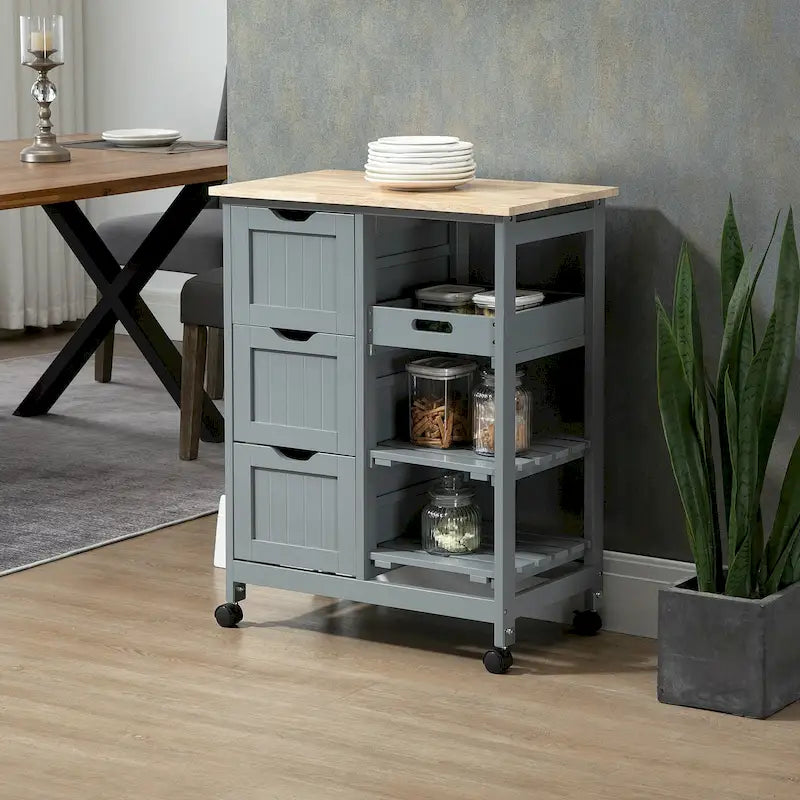 Carrello da cucina con isola, piano in legno, ripiani e cassetti