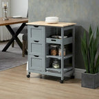 Carrello da cucina con isola, piano in legno, ripiani e cassetti