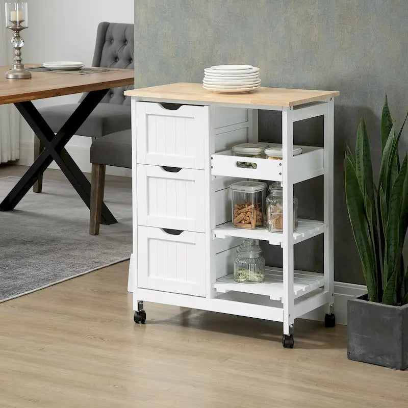 Carrello da cucina con isola, piano in legno, ripiani e cassetti