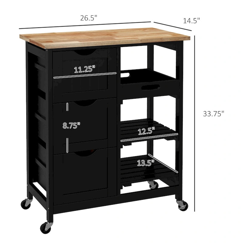 Carrello da cucina con isola, piano in legno, ripiani e cassetti