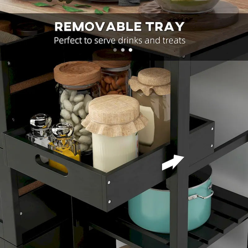 Carrello da cucina con isola, piano in legno, ripiani e cassetti