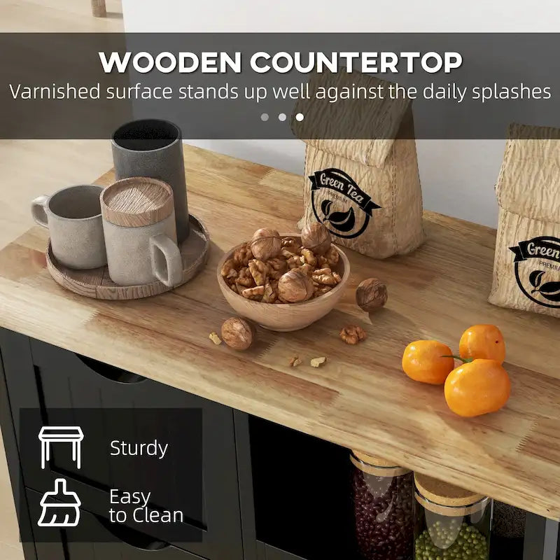 Carrello da cucina con isola, piano in legno, ripiani e cassetti