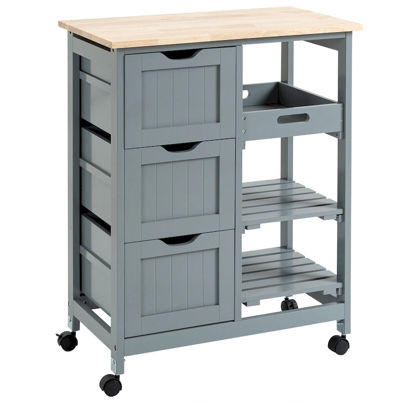 Carrello da cucina con isola, piano in legno, ripiani e cassetti