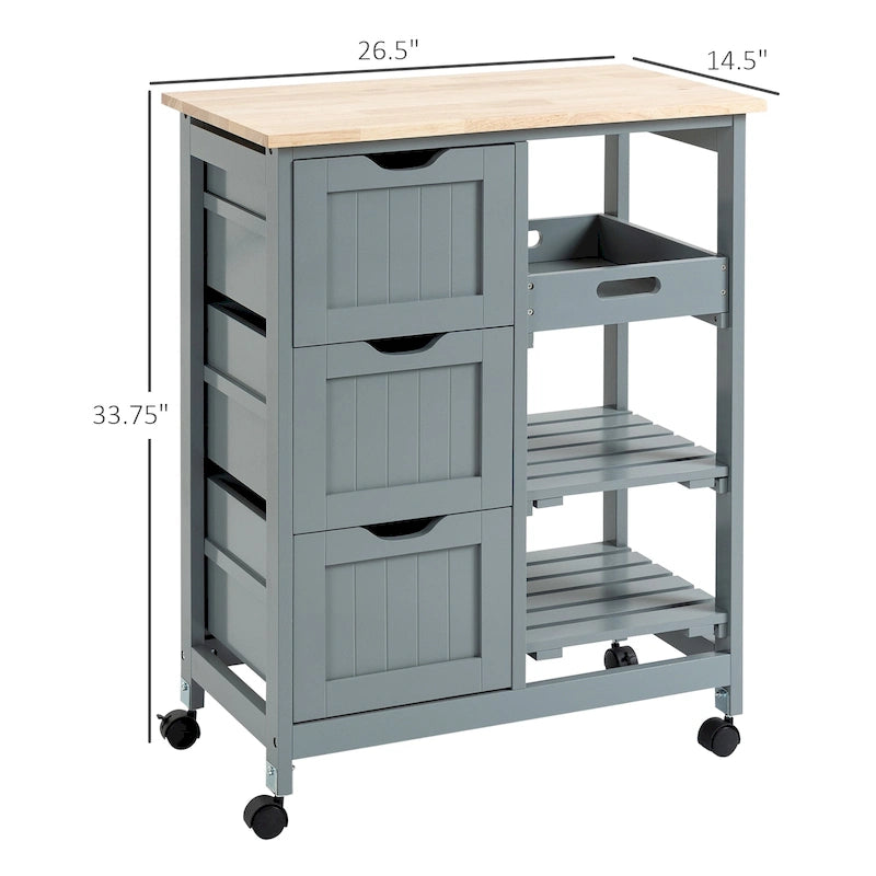 Carrello da cucina con isola, piano in legno, ripiani e cassetti