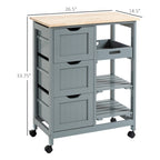 Carrello da cucina con isola, piano in legno, ripiani e cassetti