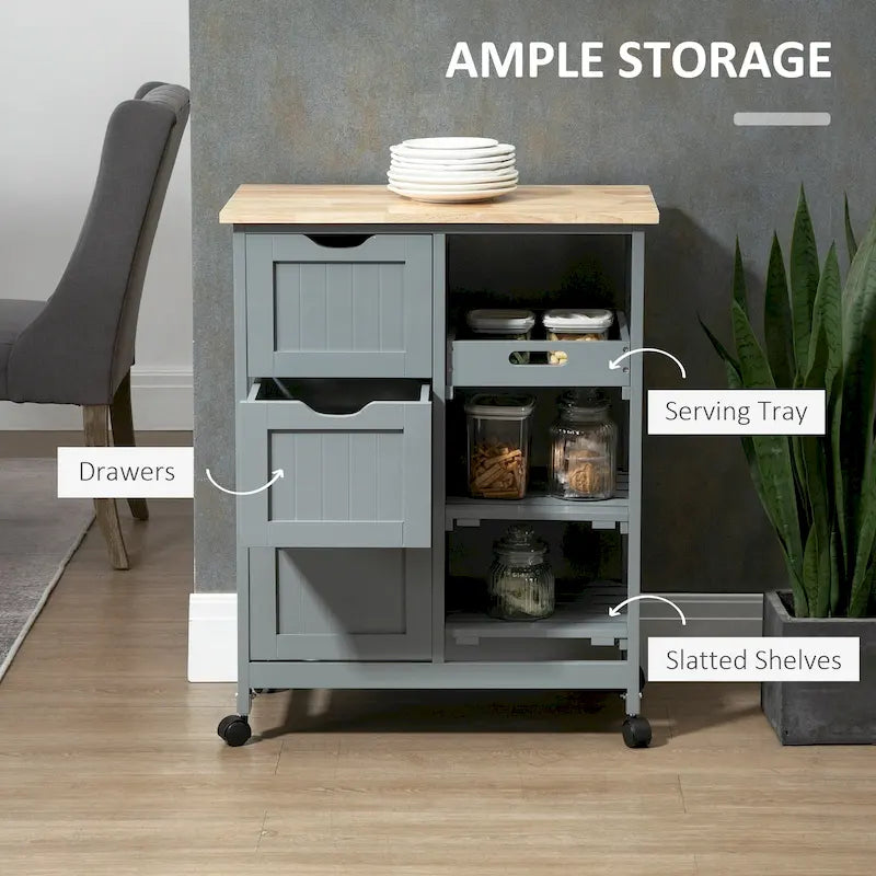 Carrello da cucina con isola, piano in legno, ripiani e cassetti