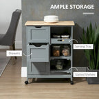Carrello da cucina con isola, piano in legno, ripiani e cassetti