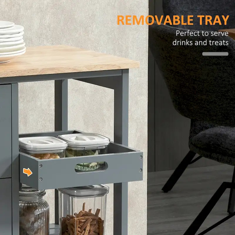Carrello da cucina con isola, piano in legno, ripiani e cassetti
