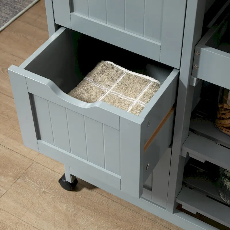 Carrello da cucina con isola, piano in legno, ripiani e cassetti
