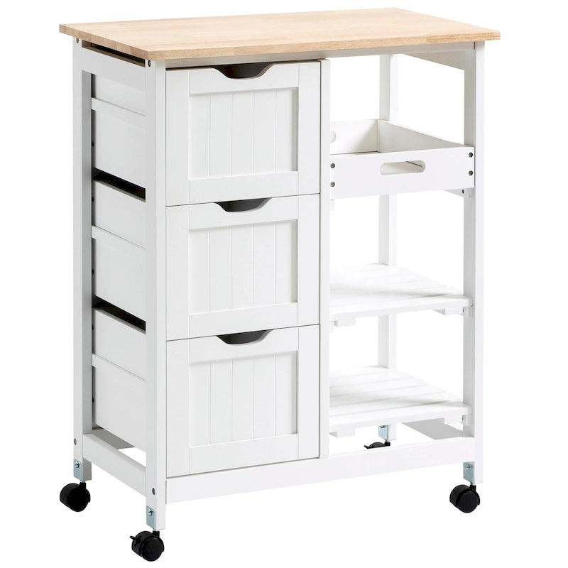 Carrello da cucina con isola, piano in legno, ripiani e cassetti