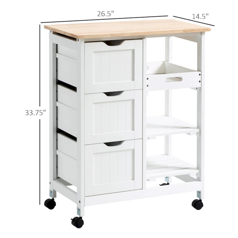Carrello da cucina con isola, piano in legno, ripiani e cassetti