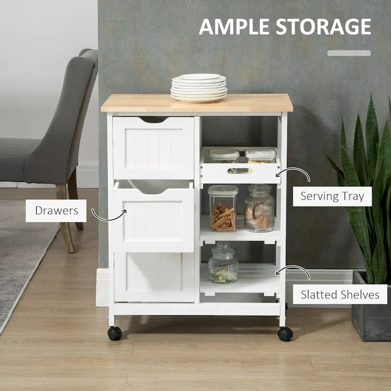 Carrello da cucina con isola, piano in legno, ripiani e cassetti