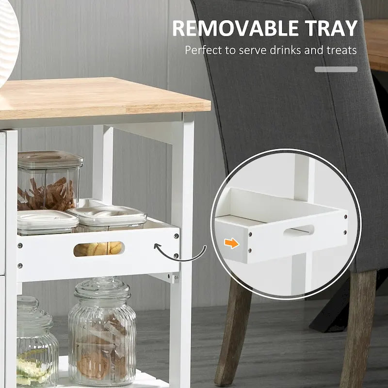 Carrello da cucina con isola, piano in legno, ripiani e cassetti
