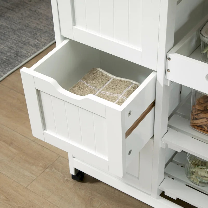 Carrello da cucina con isola, piano in legno, ripiani e cassetti