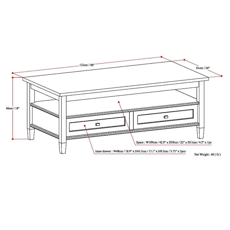 Tavolino da Salotto Transizionale in Legno da 122 cm con Cassetti Contenitori