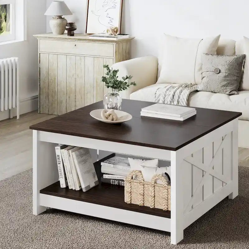 Tavolino da Caffè Quadrato in Legno con Ripiano Contenitore