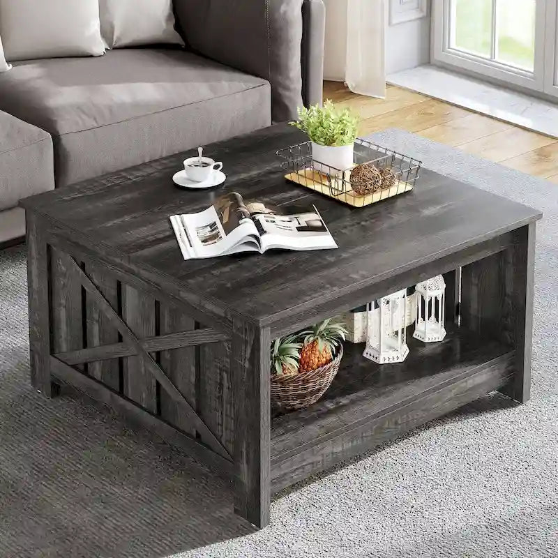 Tavolino da Caffè Quadrato in Legno con Ripiano Contenitore