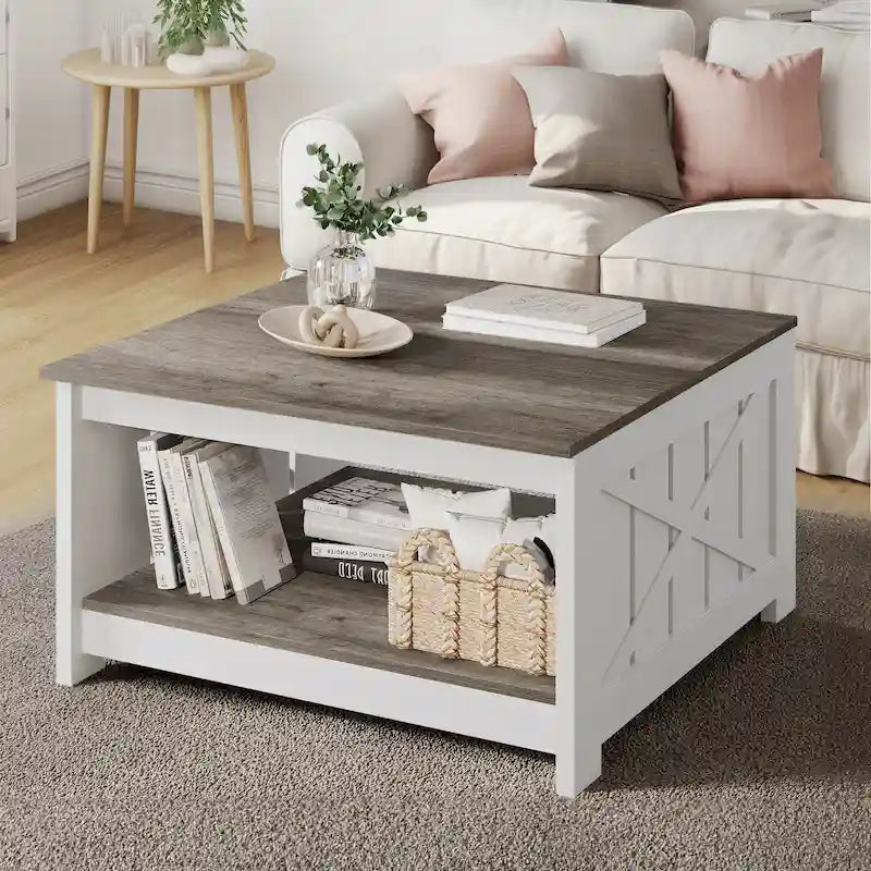 Tavolino da Caffè Quadrato in Legno con Ripiano Contenitore