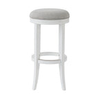 Sgabello da bar girevole senza schienale Avery White Wood, sedile in tessuto grigio