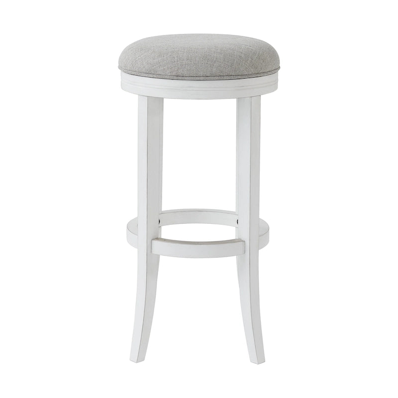 Sgabello da bar girevole senza schienale Avery White Wood, sedile in tessuto grigio