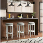 Sgabello da bar girevole senza schienale Avery White Wood, sedile in tessuto grigio