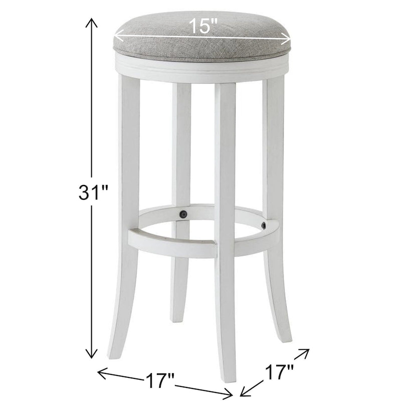 Sgabello da bar girevole senza schienale Avery White Wood, sedile in tessuto grigio