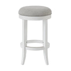 Sgabello da bar girevole senza schienale Avery White Wood, sedile in tessuto grigio