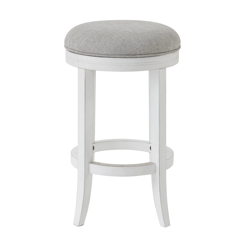 Sgabello da bar girevole senza schienale Avery White Wood, sedile in tessuto grigio