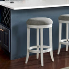 Sgabello da bar girevole senza schienale Avery White Wood, sedile in tessuto grigio