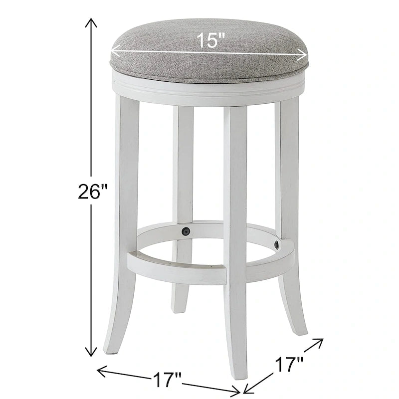 Sgabello da bar girevole senza schienale Avery White Wood, sedile in tessuto grigio