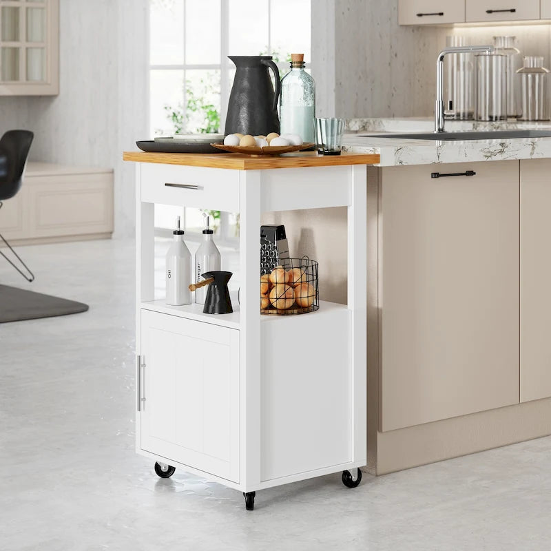 Carrello da Cucina con Isola e Contenitore, Tavolino Laterale su Ruote con Piano di Lavoro