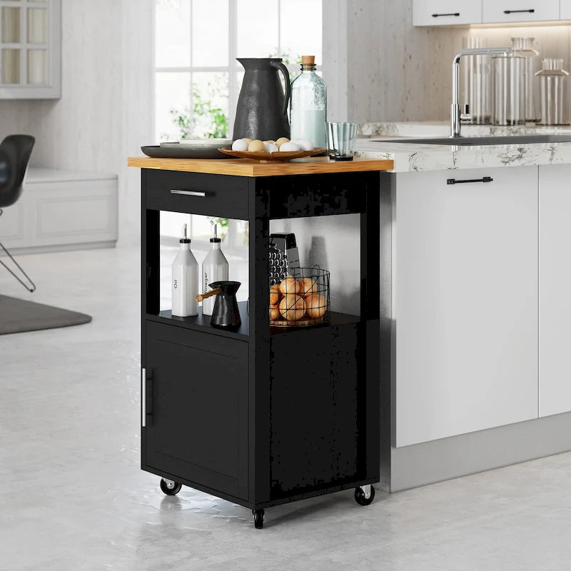 Carrello da Cucina con Isola e Contenitore, Tavolino Laterale su Ruote con Piano di Lavoro