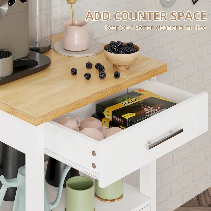 Carrello da Cucina con Isola e Contenitore, Tavolino Laterale su Ruote con Piano di Lavoro