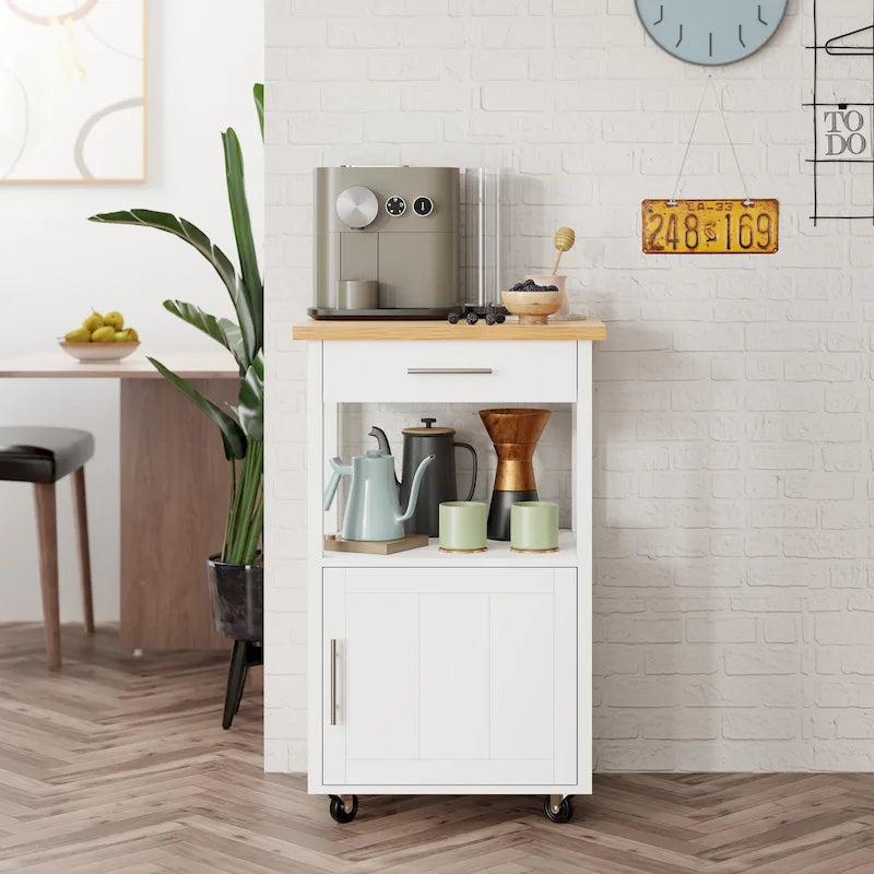 Carrello da Cucina con Isola e Contenitore, Tavolino Laterale su Ruote con Piano di Lavoro