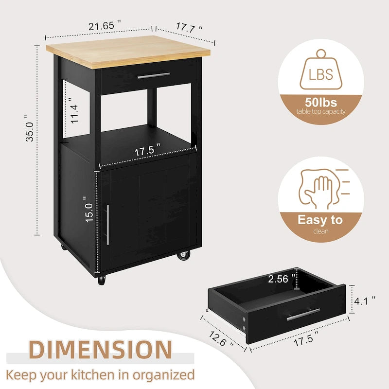 Carrello da Cucina con Isola e Contenitore, Tavolino Laterale su Ruote con Piano di Lavoro